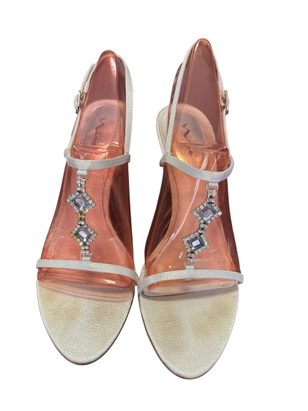 High End Women's 8.5 Nina Silver Glimmer Vespa Jeweled T-Strap High Heels w/ Box